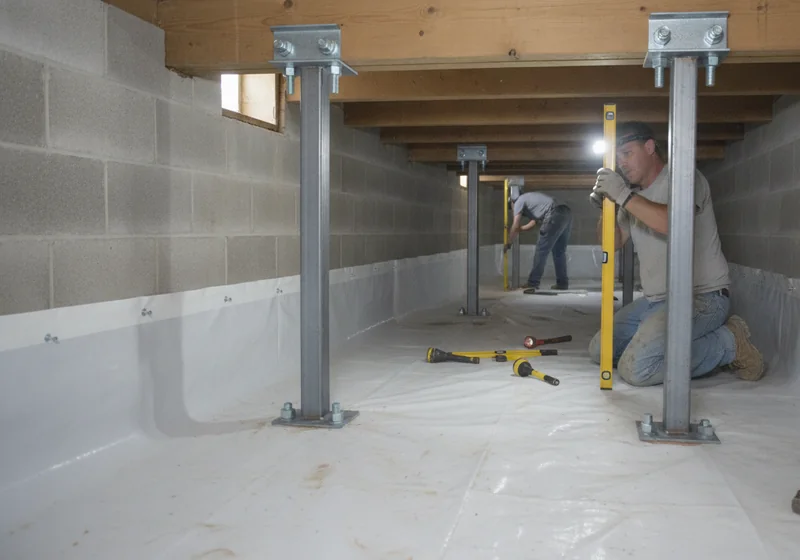 Steel adjustable support posts under a wood beam in a residential crawl space with a vapor barrier