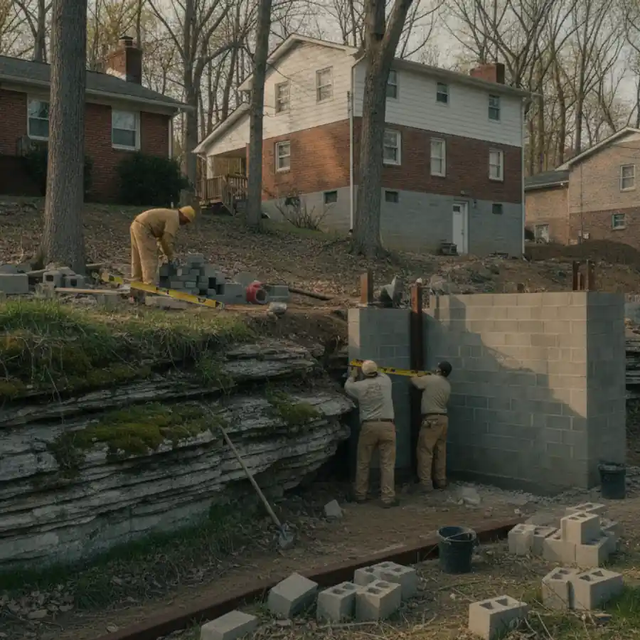 Exposed gray limestone ledge in a wooded Tennessee hillside below a row of homes
